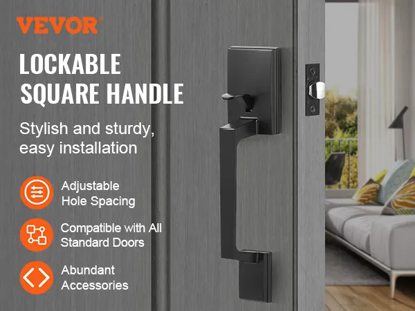 VEVOR voordeurkruk: afsluitbare vierkante kruk, stijlvol en stevig, eenvoudige installatie, past op alle deuren.