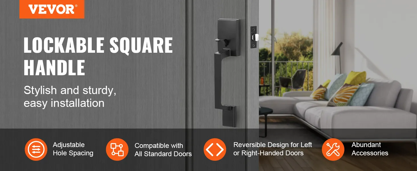 VEVOR voordeurkruk: afsluitbare vierkante kruk, stijlvol en stevig, eenvoudige installatie, past op alle deuren.