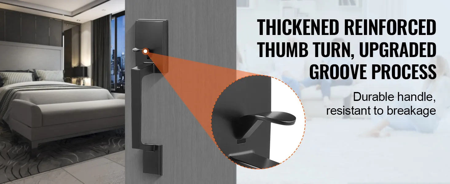 close-up van VEVOR voordeurgreep met duurzame, versterkte duimdraai en verbeterd groefproces.