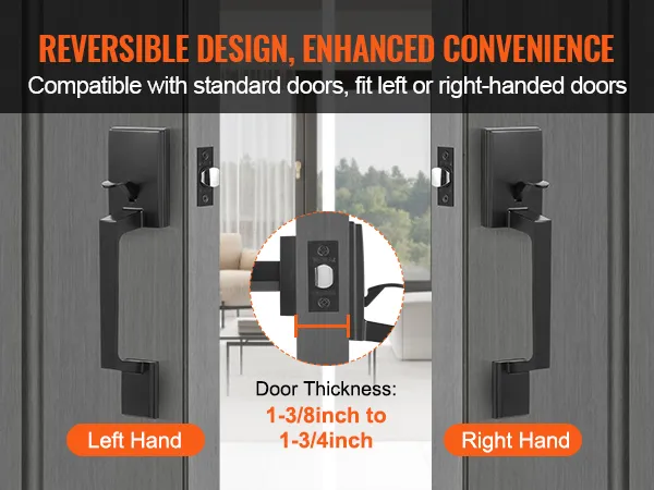 VEVOR voordeurgreep, omkeerbaar ontwerp, compatibel met standaarddeuren, geschikt voor links- of rechtshandig gebruik.