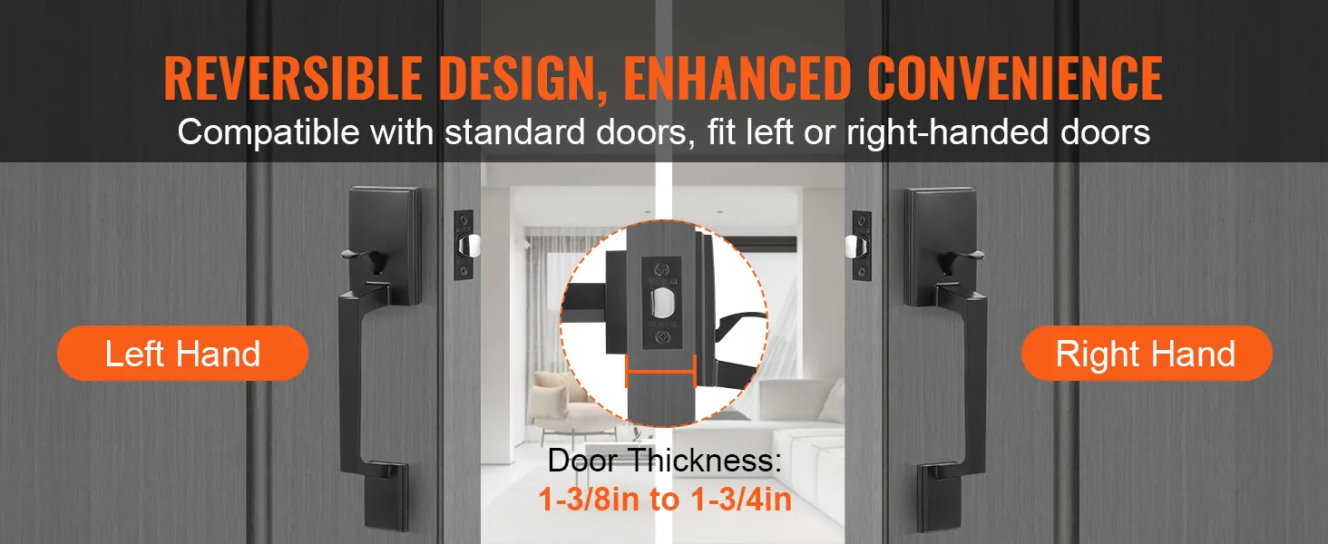 VEVOR voordeurgreep, omkeerbaar ontwerp, compatibel met standaarddeuren, geschikt voor links- of rechtshandig gebruik.