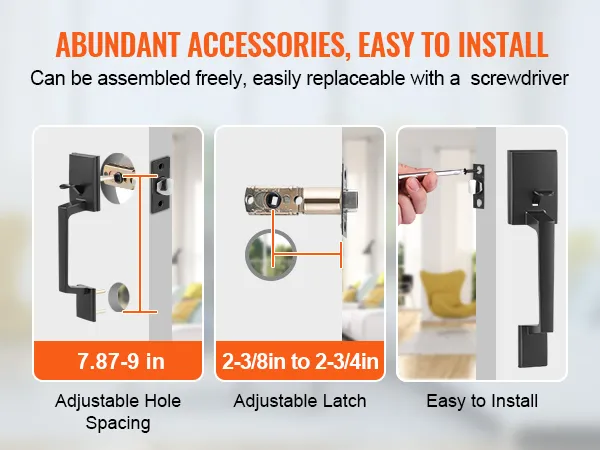 uitgebreide accessoires voor eenvoudige installatie, verstelbare gatafstand, verstelbare grendel, VEVOR voordeurgreep.