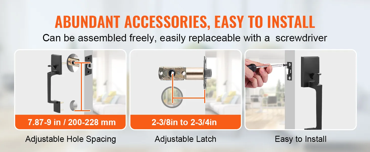uitgebreide accessoires voor eenvoudige installatie, verstelbare gatafstand, verstelbare grendel, VEVOR voordeurgreep.