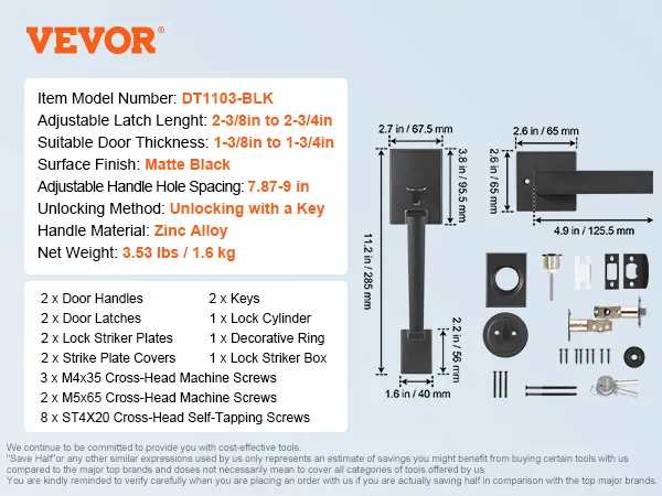Specificaties en componenten van VEVOR-voordeurgreepset, inclusief afmetingen en materialen.
