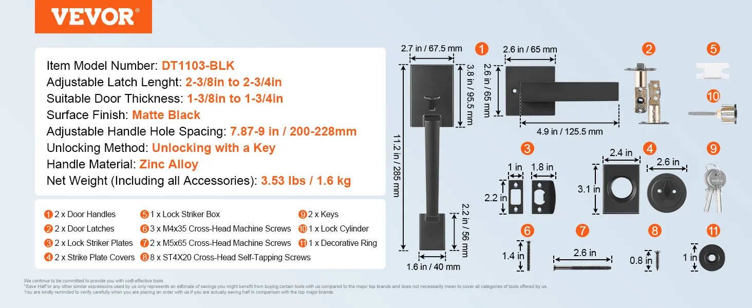 Specificaties en componenten van VEVOR-voordeurgreepset, inclusief afmetingen en materialen.