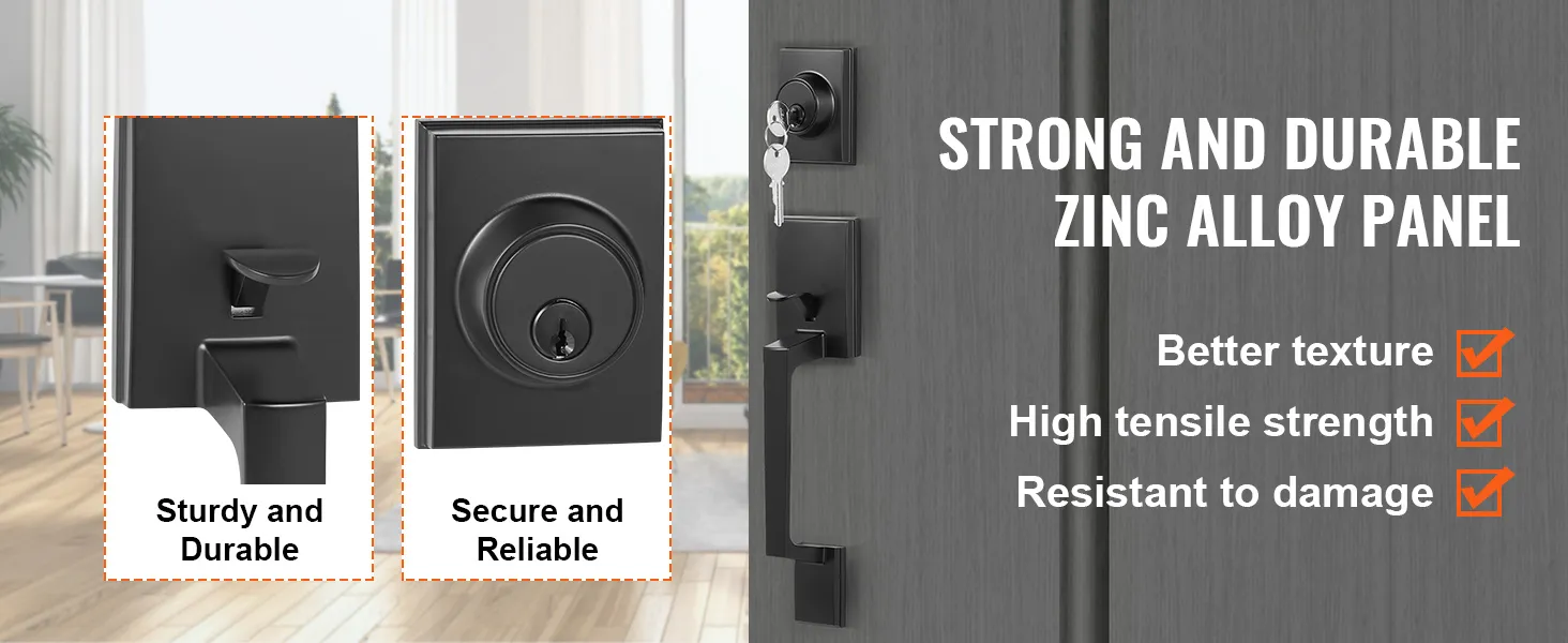 VEVOR voordeurkrukset: stevig, veilig, paneel van zinklegering, hoge treksterkte, bestand tegen beschadigingen.