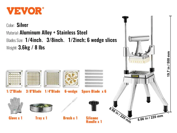 VEVOR vegetable chopper with stainless steel blades, includes glove, tray, brush, and silicone handle.