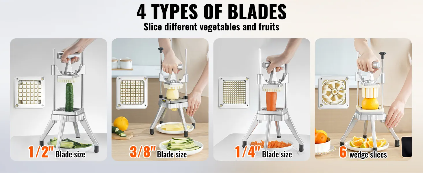 VEVOR vegetable chopper with 4 blade types for slicing cucumbers, apples, carrots, and oranges.