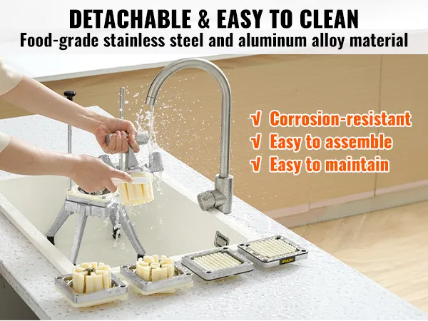 person washing detachable parts of a VEVOR vegetable chopper in a kitchen sink, highlighting easy cleaning.