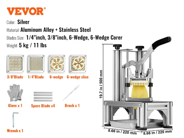 VEVOR french fry cutter with aluminum alloy and stainless steel, various blades, glove, tray, and brush.