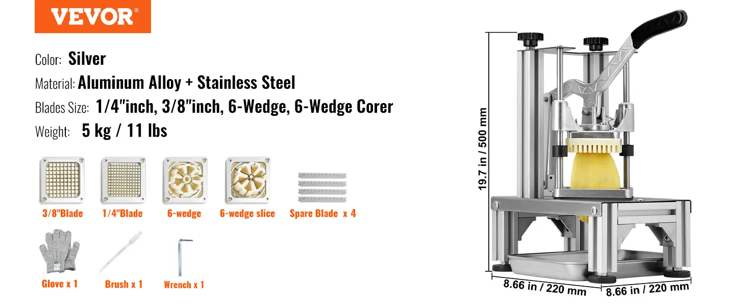 VEVOR french fry cutter with aluminum alloy and stainless steel, various blades, glove, tray, and brush.