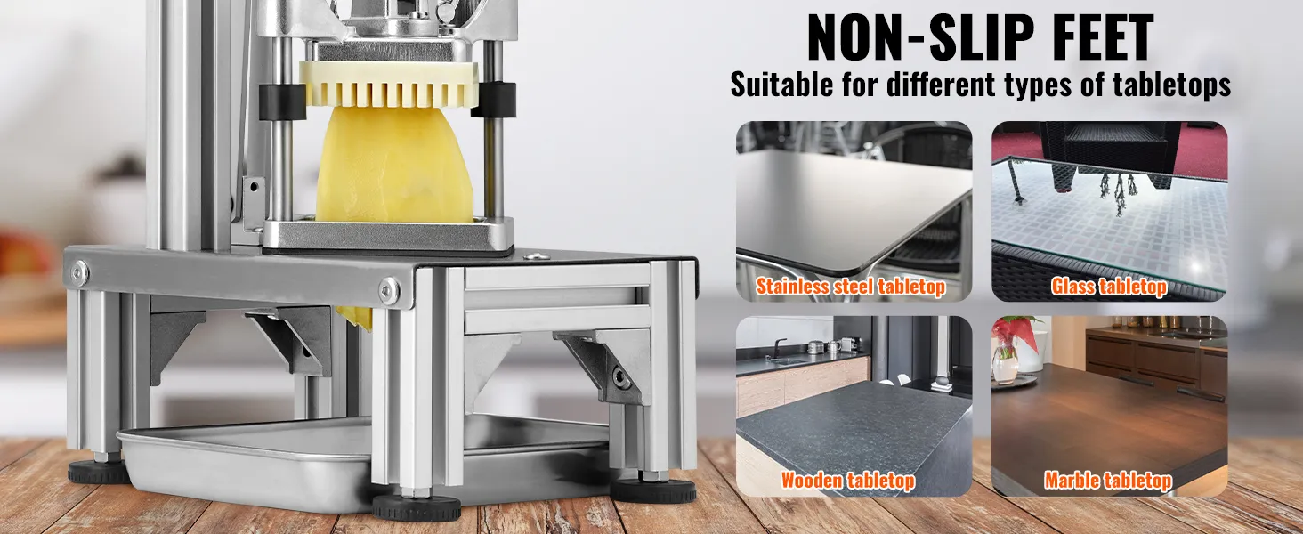 VEVOR french fry cutter with non-slip feet, works on stainless steel, glass, wooden, and marble tabletops.