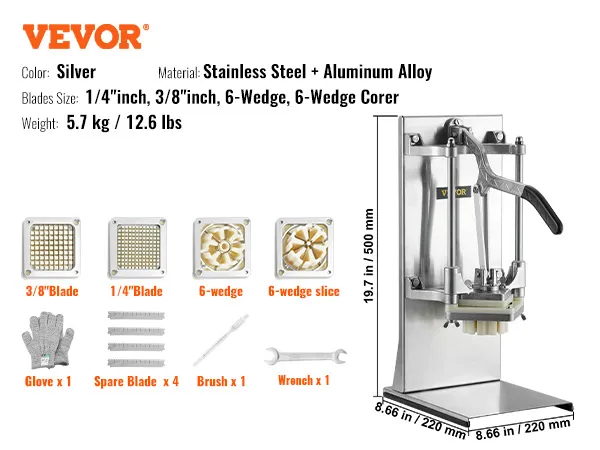 VEVOR french fry cutter with stainless steel, multiple blades, and accessories, silver color.