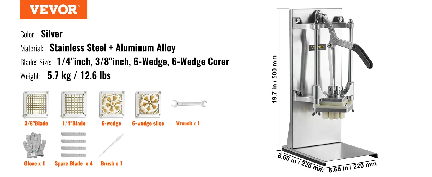 VEVOR french fry cutter with stainless steel, multiple blades, and accessories, silver color.