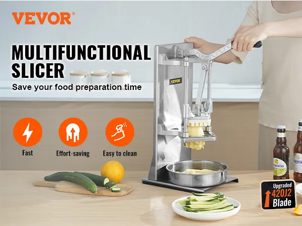 VEVOR french fry cutter slicing vegetables on a kitchen counter with bottles and cucumbers nearby.