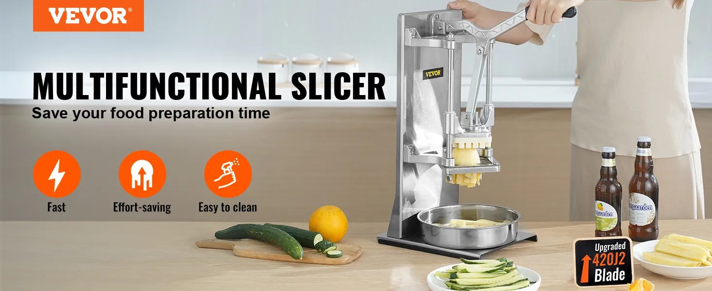VEVOR french fry cutter slicing vegetables on a kitchen counter with bottles and cucumbers nearby.