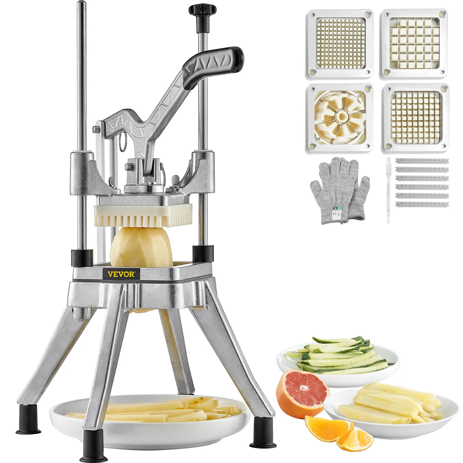 VEVOR vegetable chopper with cutting blades, gloves, and assorted sliced vegetables in dishes.