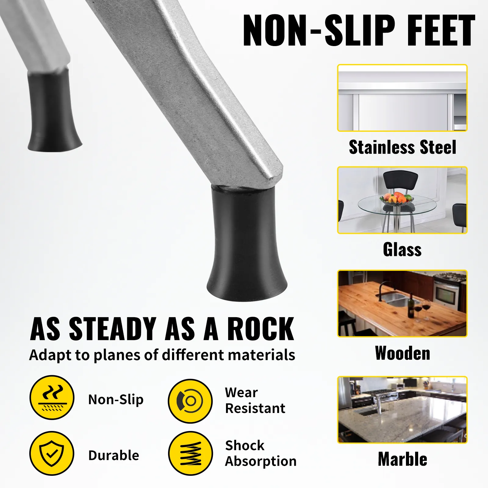 non-slip feet close-up on stainless steel, glass, wooden, and marble surfaces; labeled features included.