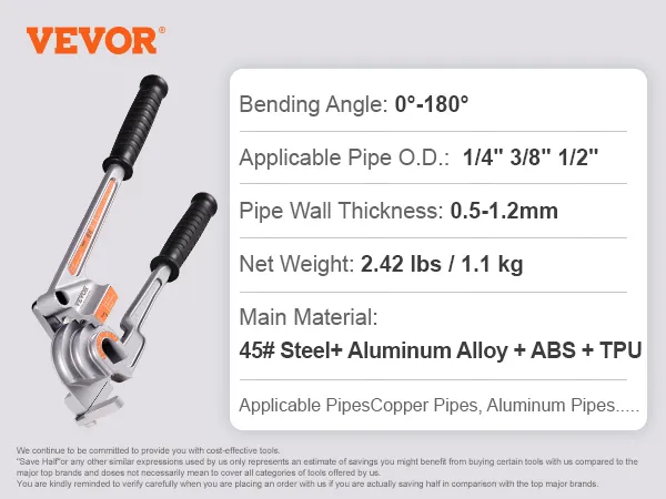 VEVOR pipe tube bender with ergonomic handles, bending angles 0°-180°, and applicable pipe details.