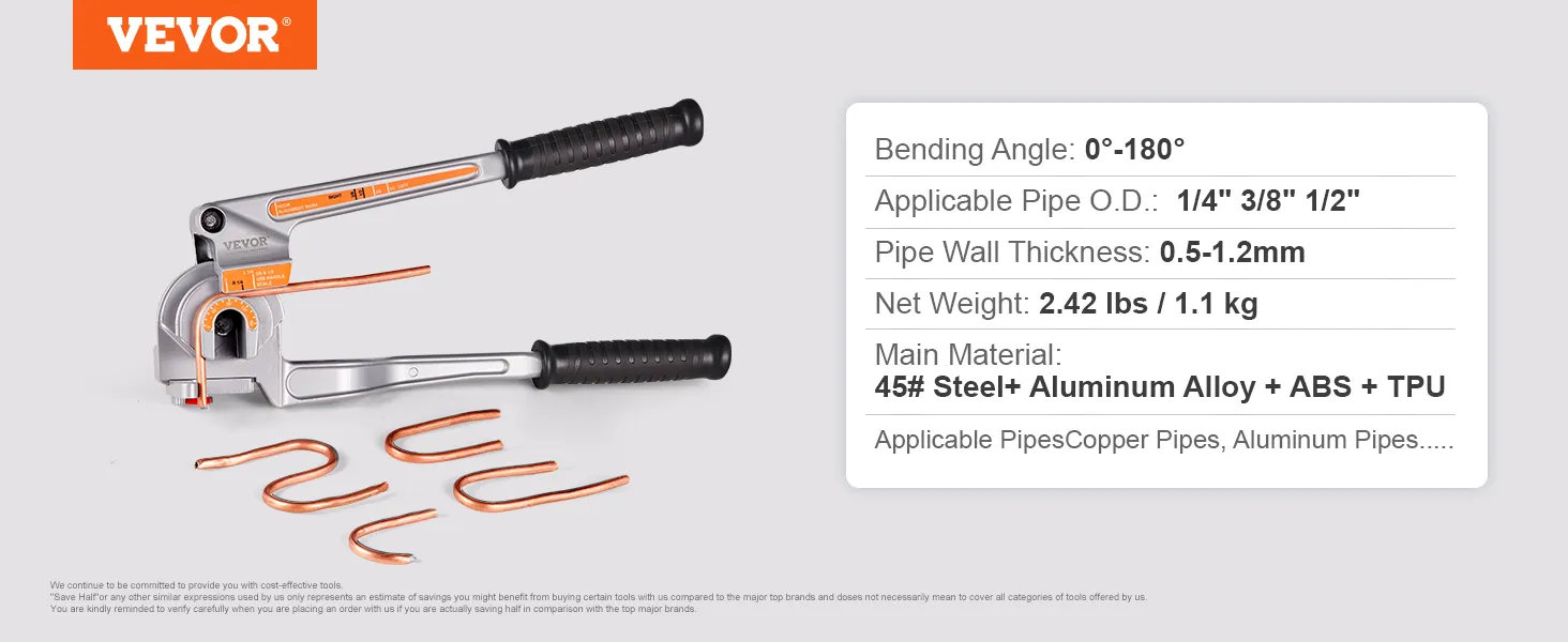 VEVOR pipe tube bender with ergonomic handles, bending angles 0°-180°, and applicable pipe details.