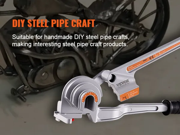 VEVOR pipe tube bender showcased beside a motorcycle frame for diy steel pipe craft projects.