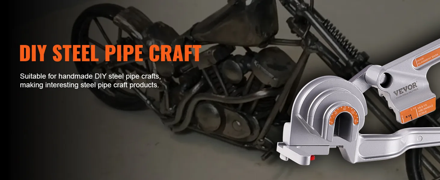 VEVOR pipe tube bender showcased beside a motorcycle frame for diy steel pipe craft projects.
