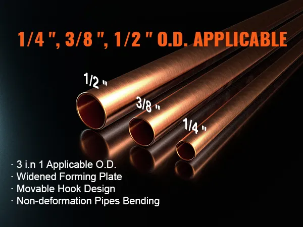 VEVOR pipe tube bender for 1/4", 3/8", and 1/2" o.d. with widened forming plate and movable hook design.