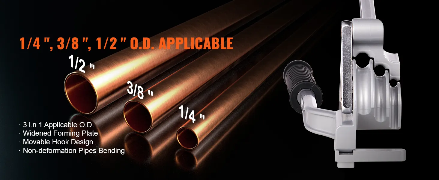 VEVOR pipe tube bender for 1/4", 3/8", and 1/2" o.d. with widened forming plate and movable hook design.