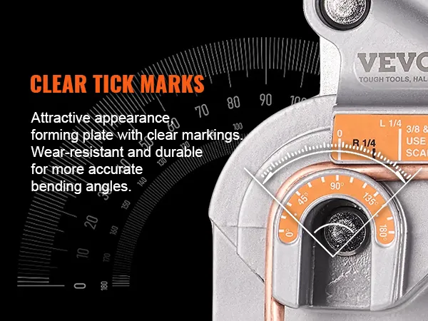 VEVOR pipe tube bender with clear tick marks, wear-resistant design for accurate bending angles.