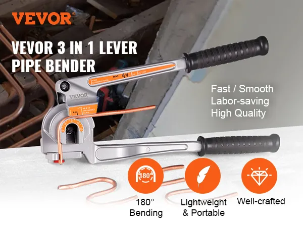 VEVOR pipe tube bender showcased with bent copper tubes, features include 180° bends, portability, and quality.