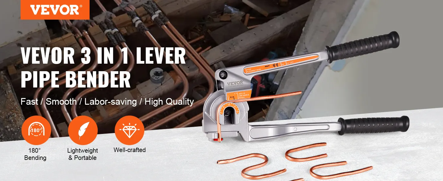 VEVOR pipe tube bender showcased with bent copper tubes, features include 180° bends, portability, and quality.