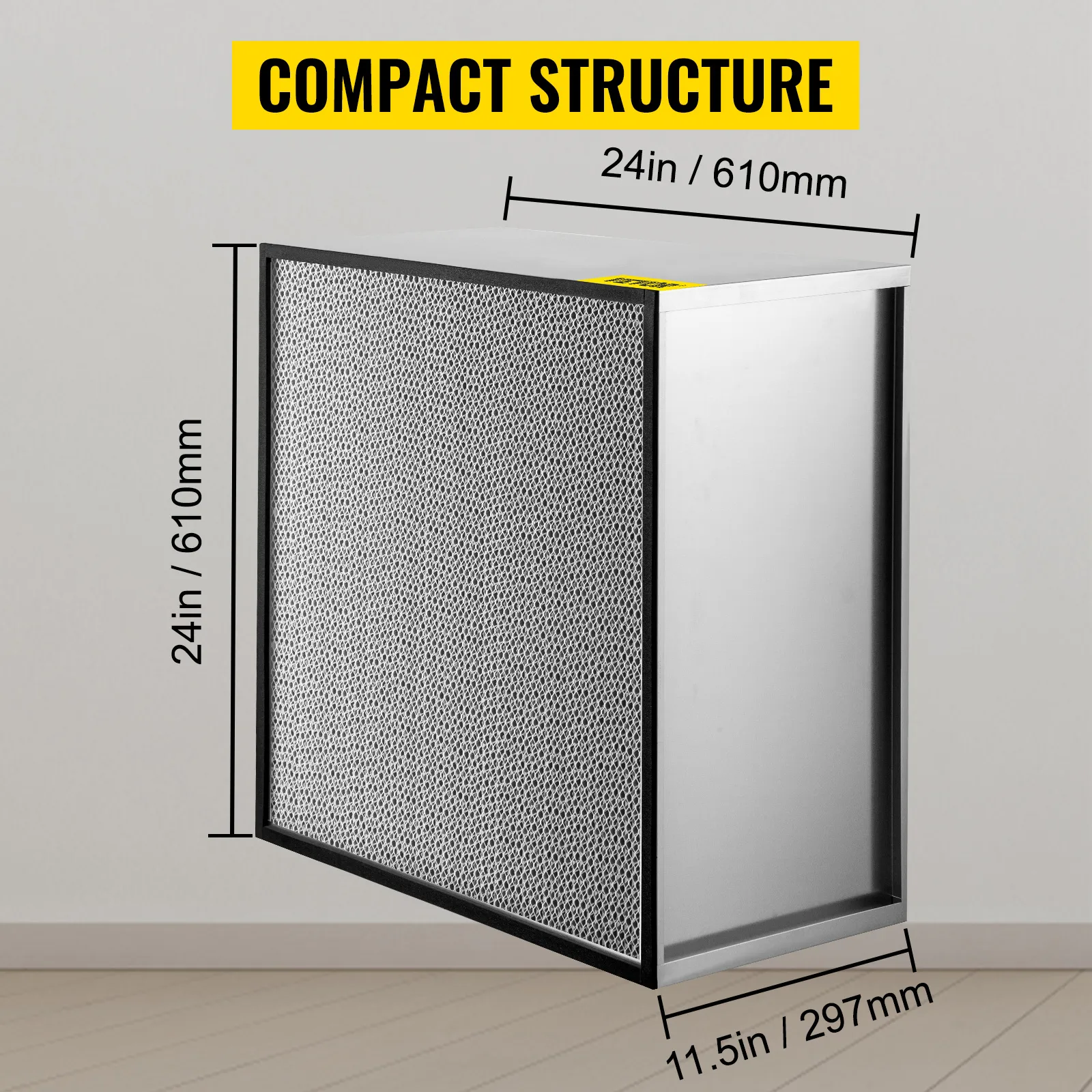 Filtro de repuesto HEPA VEVOR, estructura compacta de 24 pulgadas x 24 pulgadas x 11,5 pulgadas.
