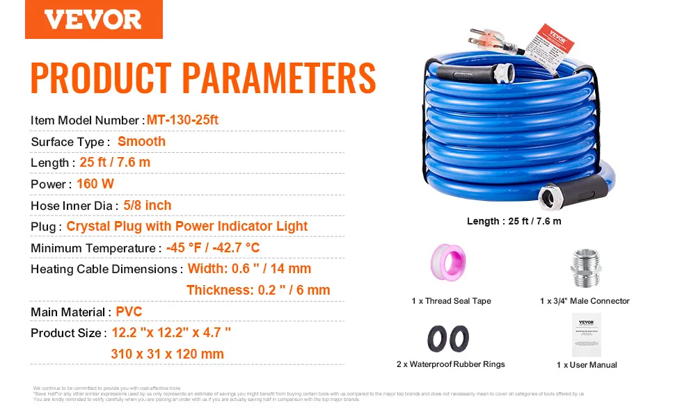 Tubo flessibile per acqua riscaldata VEVOR, lunghezza 25 piedi, 160 W, materiale PVC, diametro 5/8 pollici, resiste a -45 ° F, include accessori