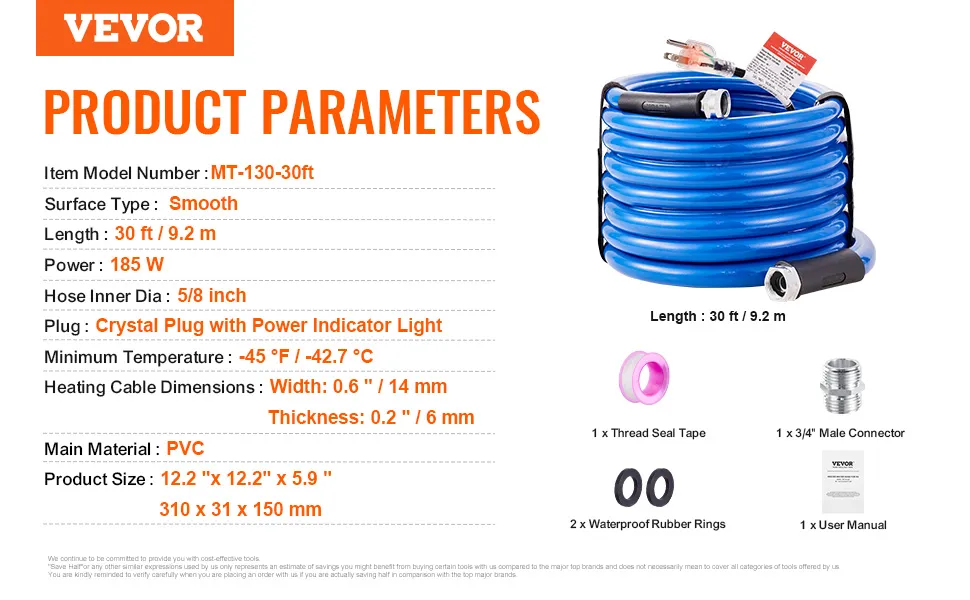 Tubo flessibile per acqua riscaldata VEVOR, 30 piedi, 185 W, 5/8 pollici, tappo in cristallo, PVC liscio per -45 °F, accessori completi.