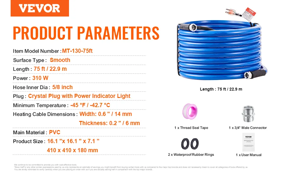 Tubo flessibile per acqua riscaldata VEVOR per camper, lunghezza 75 piedi, 310 W, superficie liscia, spina in cristallo con spia di alimentazione.
