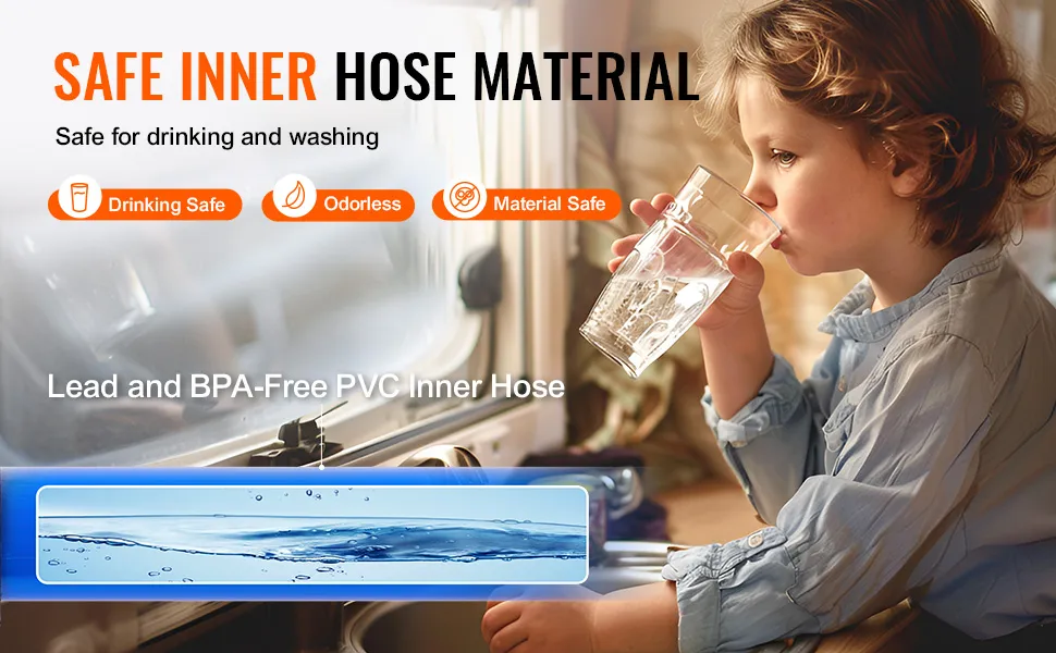 Tubo flessibile per acqua riscaldata per camper VEVOR, materiale interno sicuro, PVC senza piombo e BPA, sicuro per il consumo umano, inodore.