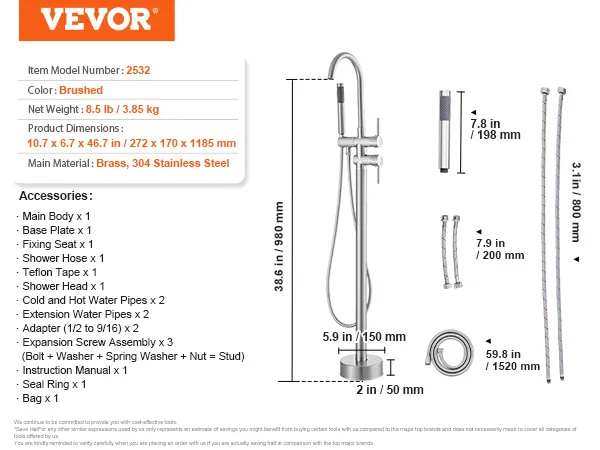 VEVOR freestanding bathtub faucet with brushed finish, dimensions, and accessory details.