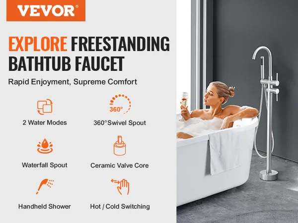 VEVOR freestanding bathtub faucet with waterfall spout, handheld shower, and 360° swivel spout.