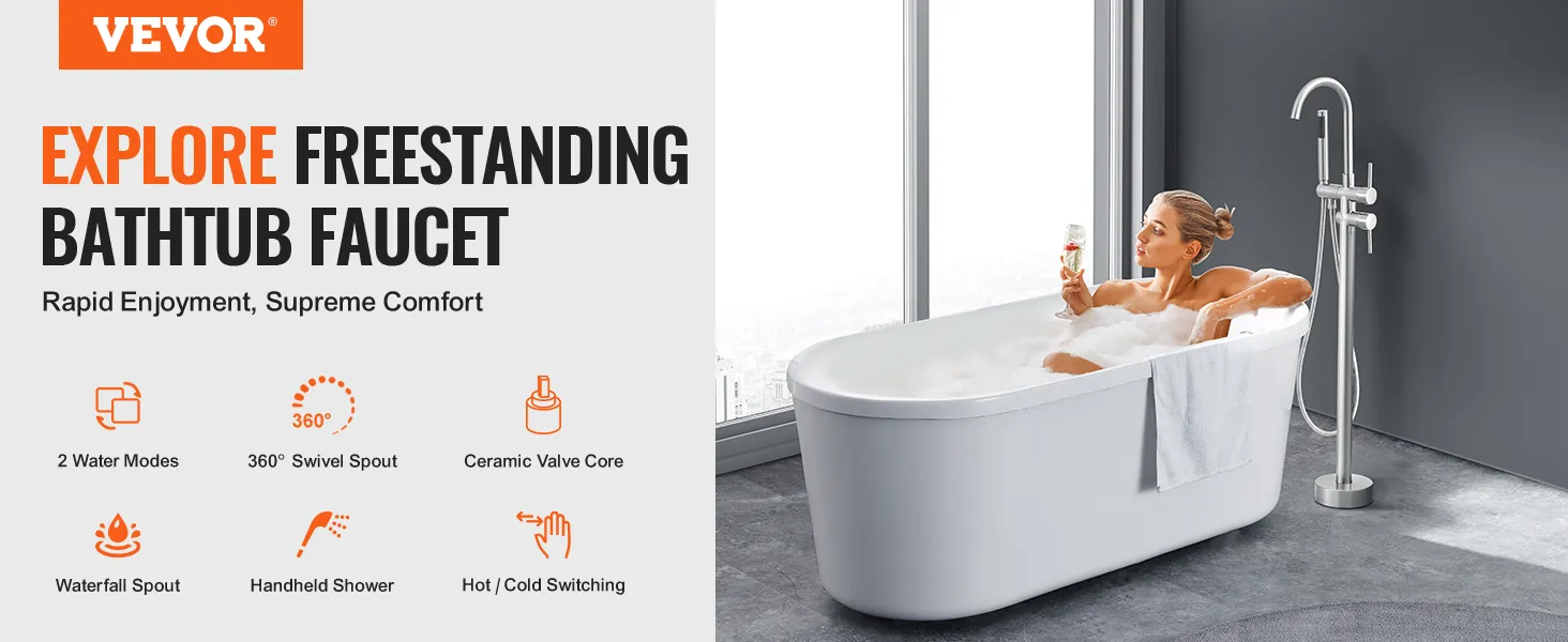 VEVOR freestanding bathtub faucet with waterfall spout, handheld shower, and 360° swivel spout.