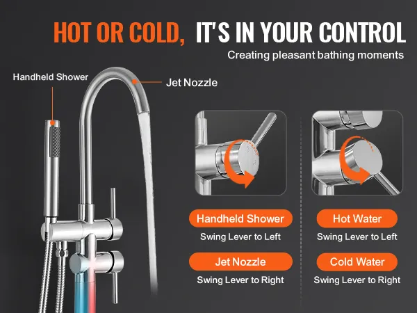 VEVOR freestanding bathtub faucet with handheld shower, jet nozzle, and hot/cold water control.