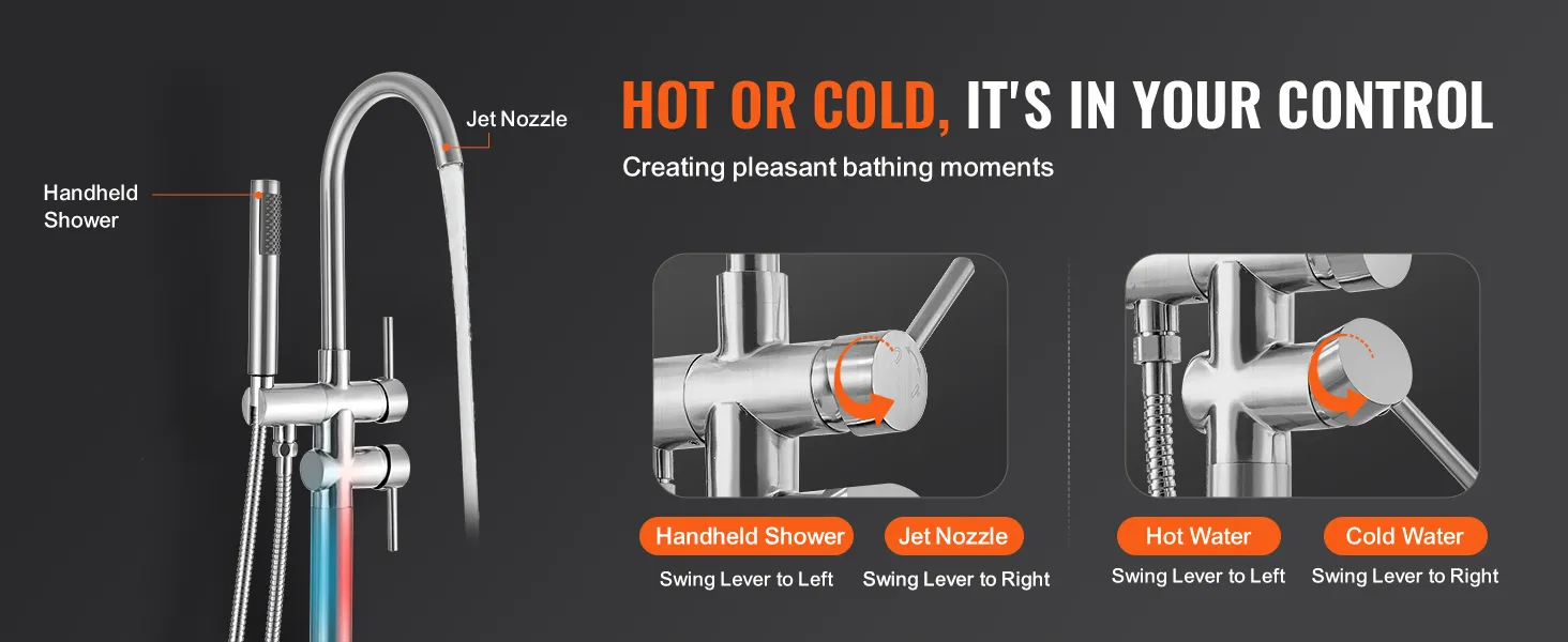 VEVOR freestanding bathtub faucet with handheld shower, jet nozzle, and hot/cold water control.