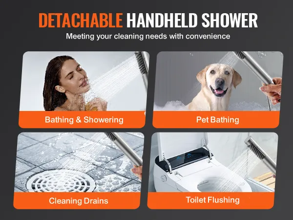 detachable handheld shower for bathing, pet bathing, cleaning drains, and toilet flushing.