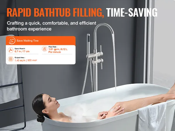 VEVOR freestanding bathtub faucet for rapid filling, 6.7in spout reach, 1.61 gpm flow rate, modern design.