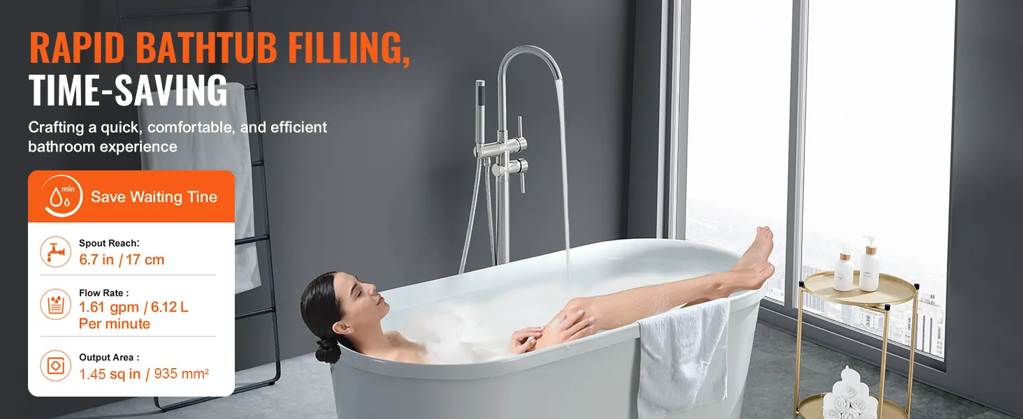 VEVOR freestanding bathtub faucet for rapid filling, 6.7in spout reach, 1.61 gpm flow rate, modern design.