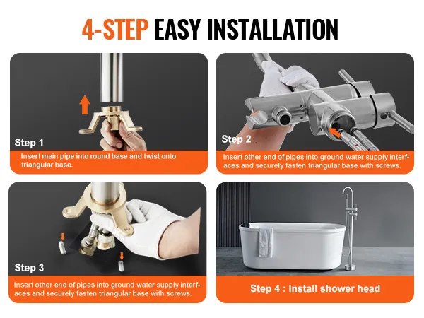 4-step easy installation of VEVOR freestanding bathtub faucet: connect pipes, secure base, install showerhead.