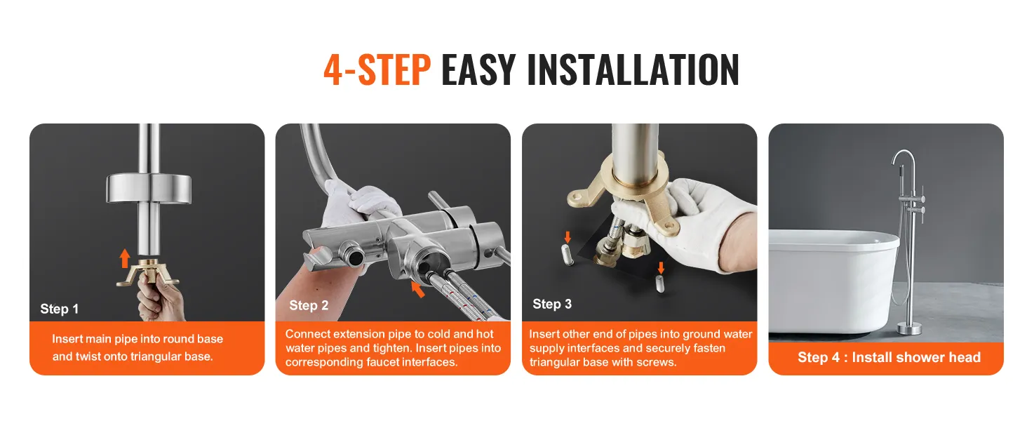 4-step easy installation of VEVOR freestanding bathtub faucet: connect pipes, secure base, install showerhead.