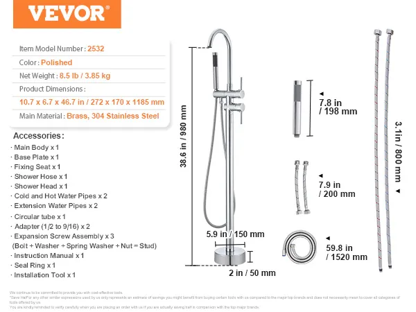 VEVOR freestanding bathtub faucet with dimensions, accessories, and detailed product specifications.