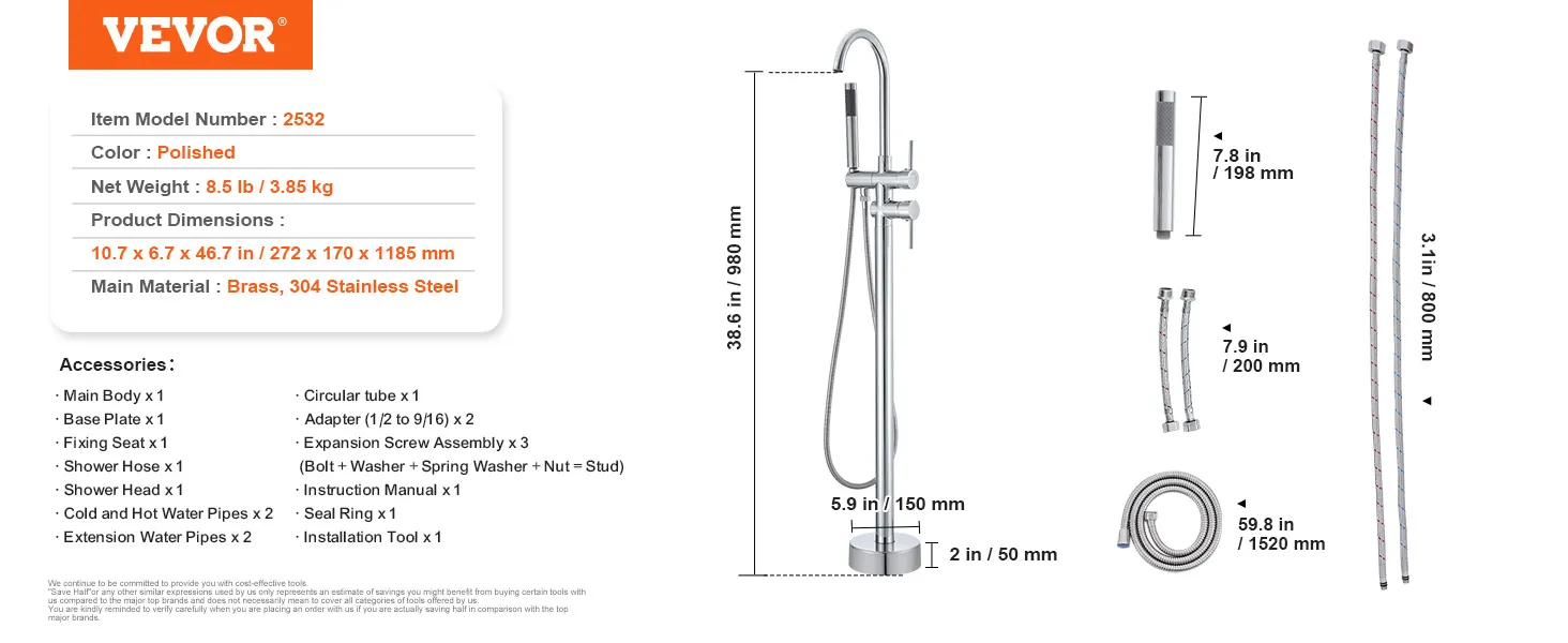 VEVOR freestanding bathtub faucet with dimensions, accessories, and detailed product specifications.