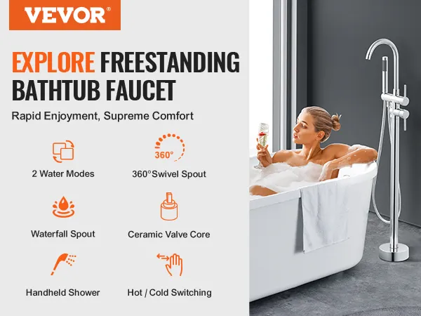 VEVOR freestanding bathtub faucet with 2 water modes, 360° swivel spout, and handheld shower.