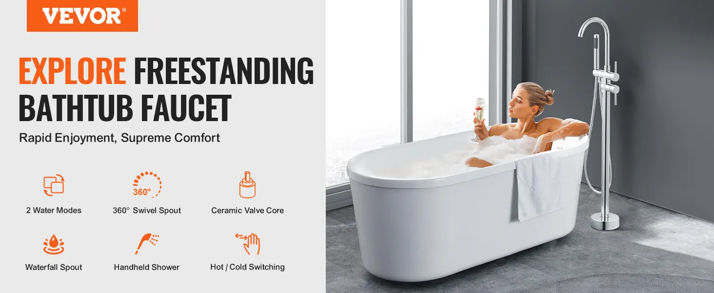 VEVOR freestanding bathtub faucet with 2 water modes, 360° swivel spout, and handheld shower.